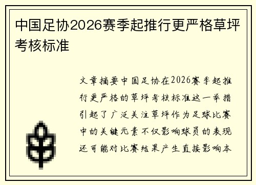 中国足协2026赛季起推行更严格草坪考核标准